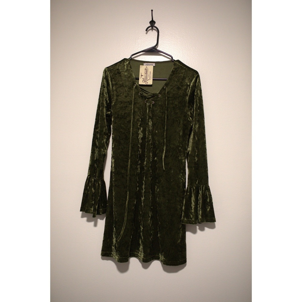 Adore Women Olive Green Crushed Velvet Lace Up Bell Sleeve Mini Dress Size M NWT
